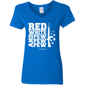 Red White and Pew Pew Pew V-Neck Women's T-Shirt for Republicans - 2665 -