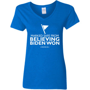 Marked Safe From Believing Biden Won V-Neck Women's T-Shirt for Republicans - 2620 -