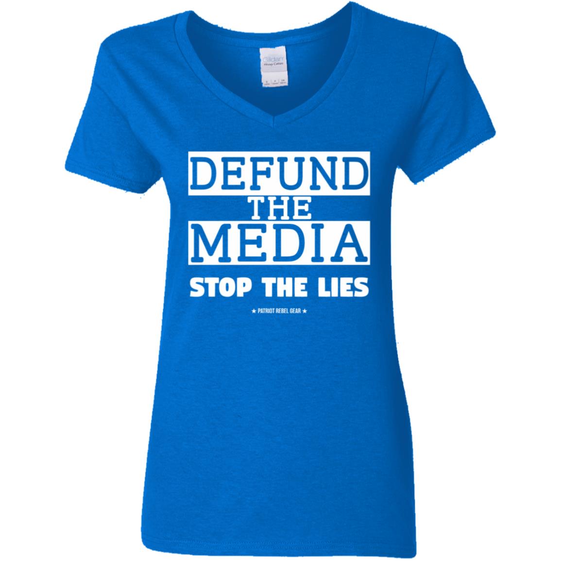 Defund the Media Stop the Lies V-Neck Women's T-Shirt for Republicans - 2677 -
